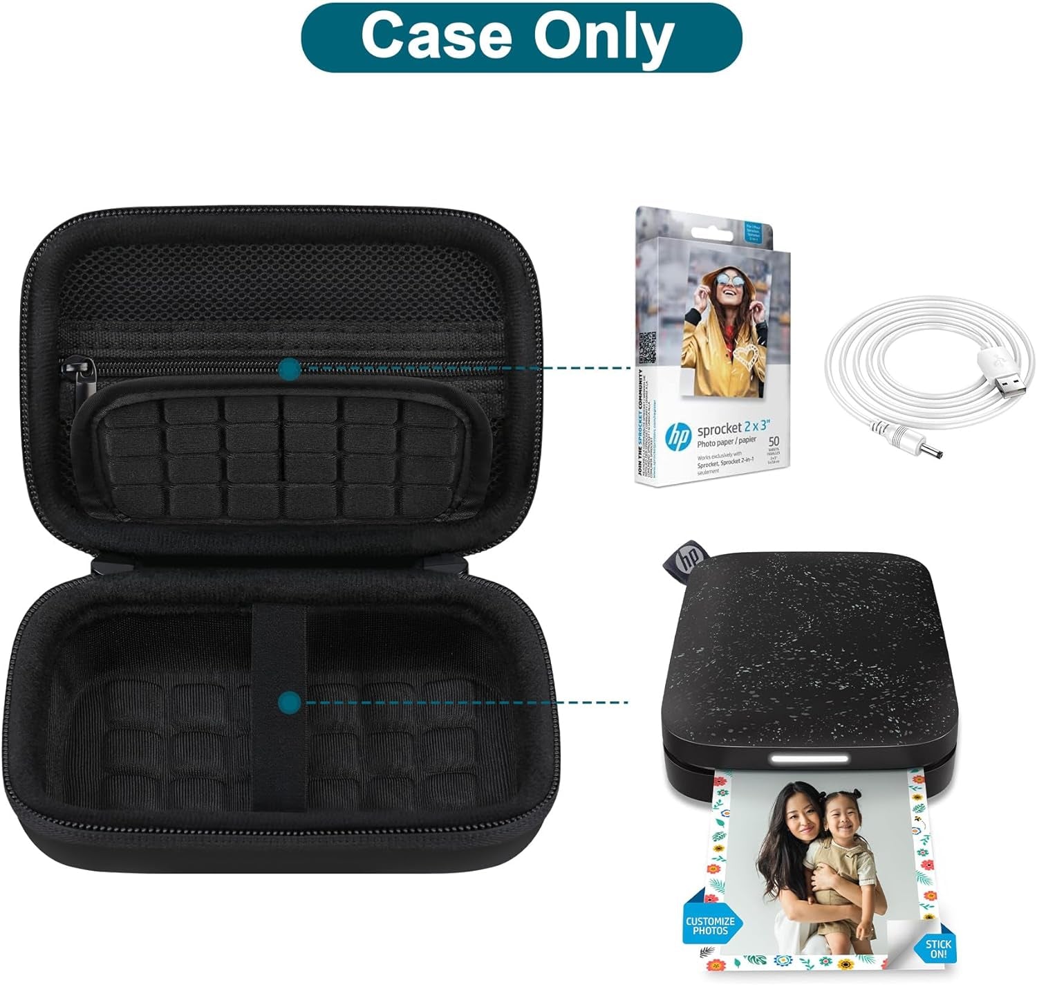 Hard Case for HP Sprocket Portable 2X3 Inch Instant Photo Printer | Zipper Mesh Pocket Fits Photo Paper and Cable, Black