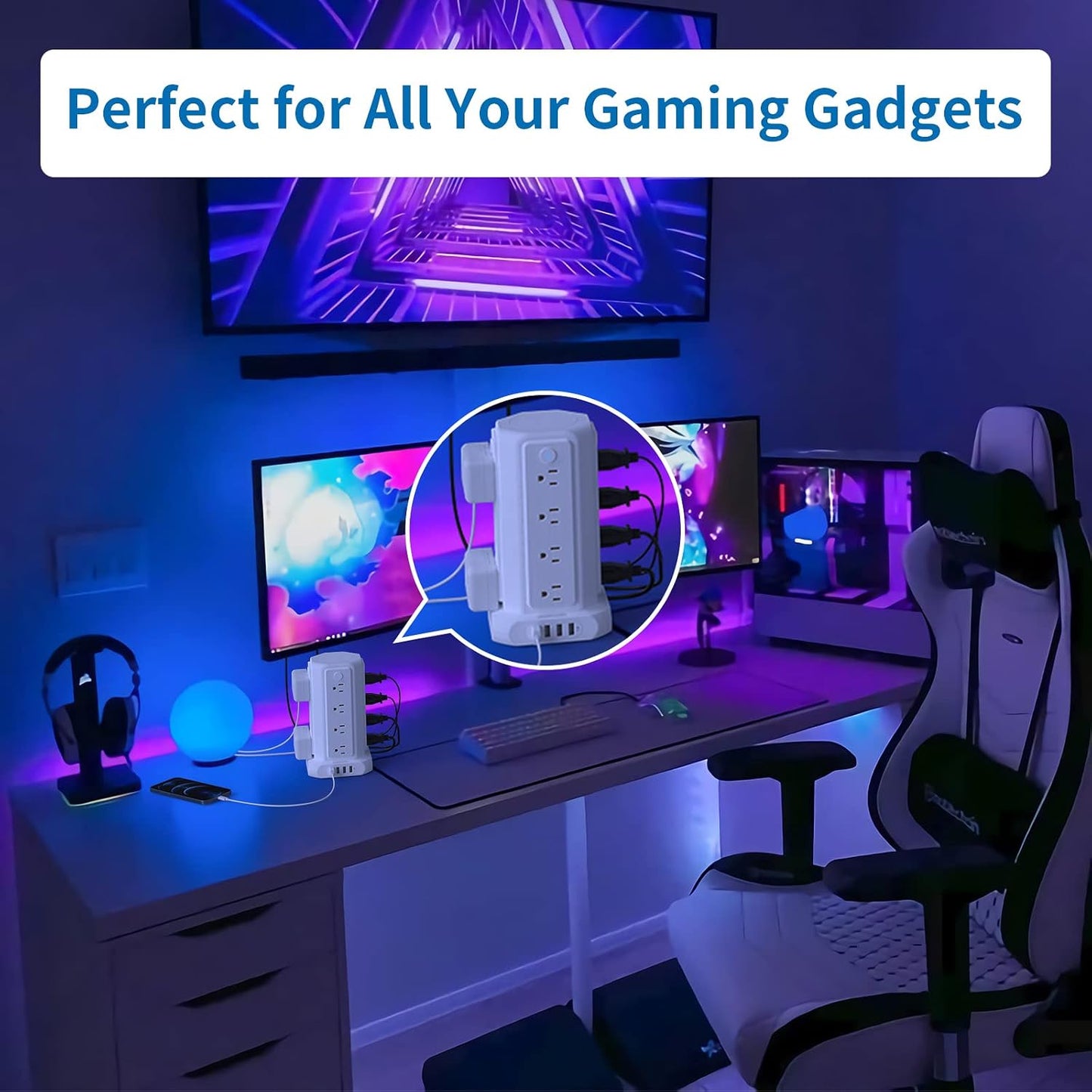 10 FT Extension Cord Power Strip Tower, 16 Widely Outlets 1875W 15A, Flat Plug Surge Protector with 4 USB Ports, Individual Switches, 1080 Joules, Overload Protection for Home Office Desktop, White