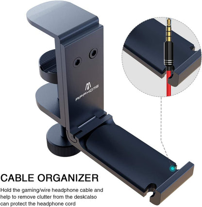 Foldable Headphone Stand under Desk, Metal Headset Holder Hook for Desk with Cable Organizer, Space-Saving Desk Bag Hook & Backpack Hanger for Gaming Office, Universal Fit, Black