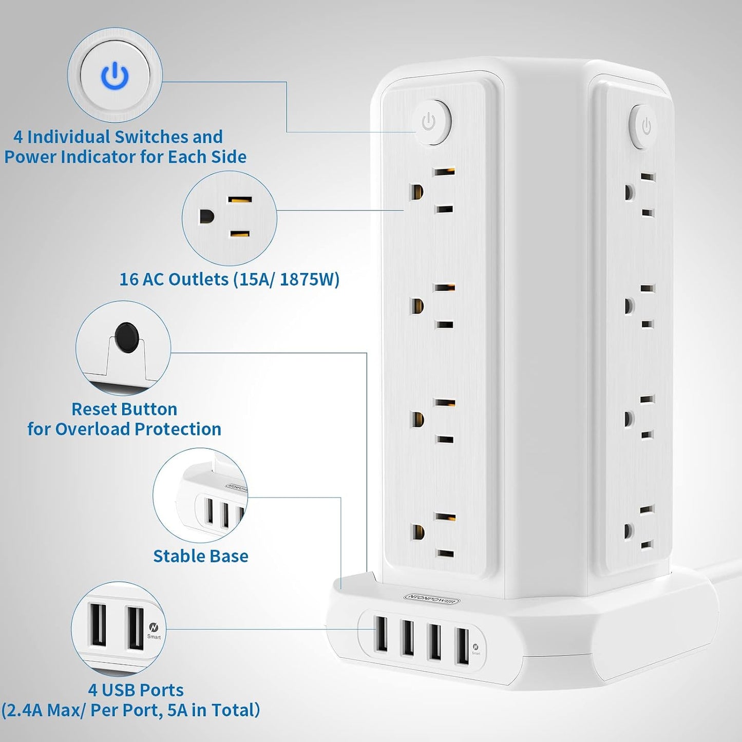 10 FT Extension Cord Power Strip Tower, 16 Widely Outlets 1875W 15A, Flat Plug Surge Protector with 4 USB Ports, Individual Switches, 1080 Joules, Overload Protection for Home Office Desktop, White
