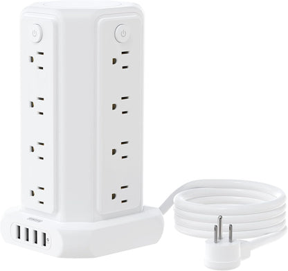 10 FT Extension Cord Power Strip Tower, 16 Widely Outlets 1875W 15A, Flat Plug Surge Protector with 4 USB Ports, Individual Switches, 1080 Joules, Overload Protection for Home Office Desktop, White