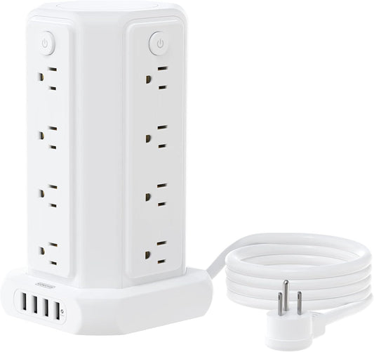 10 FT Extension Cord Power Strip Tower, 16 Widely Outlets 1875W 15A, Flat Plug Surge Protector with 4 USB Ports, Individual Switches, 1080 Joules, Overload Protection for Home Office Desktop, White
