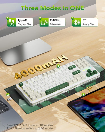 K734W 75% Wireless Mechanical Keyboard RGB - White & Green | BT5.0/2.4G/USB-C 81Keys TKL Custom Hot Swappable Gaming Keyboard, Pre-Lubed Linear Switche, Gasket Creamy Keyboard for PC/MAC