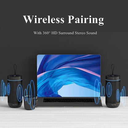 Bluetooth Speaker, IP65 Waterproof, 24H Play, TWS, 360° HD Stereo | 360° Immersive Stereo Sound with Punchy Bass; IP65 Waterproof Design; TWS Pairing; 24-Hour Battery for Home, Camping, Beach.
